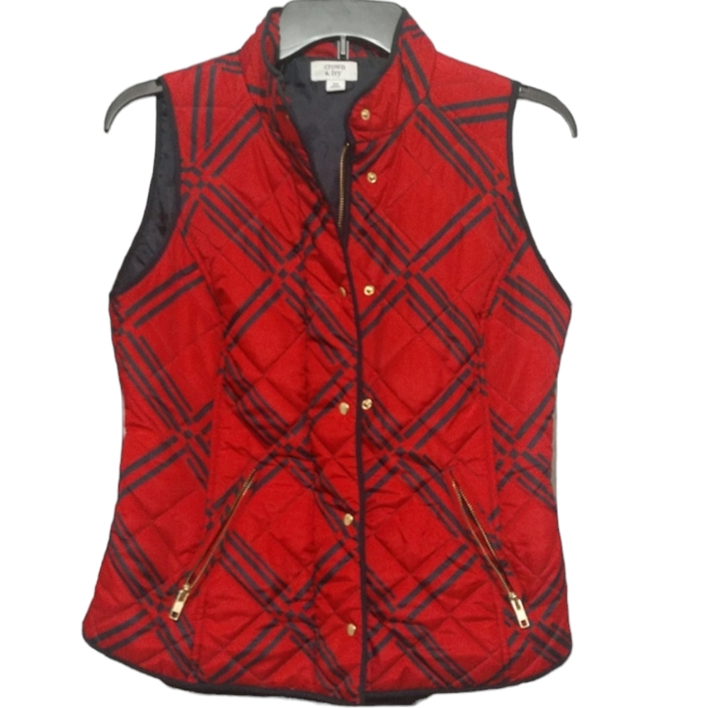 Crown & Ivy Red and Black Lightly Quilted Plaid Vest XS